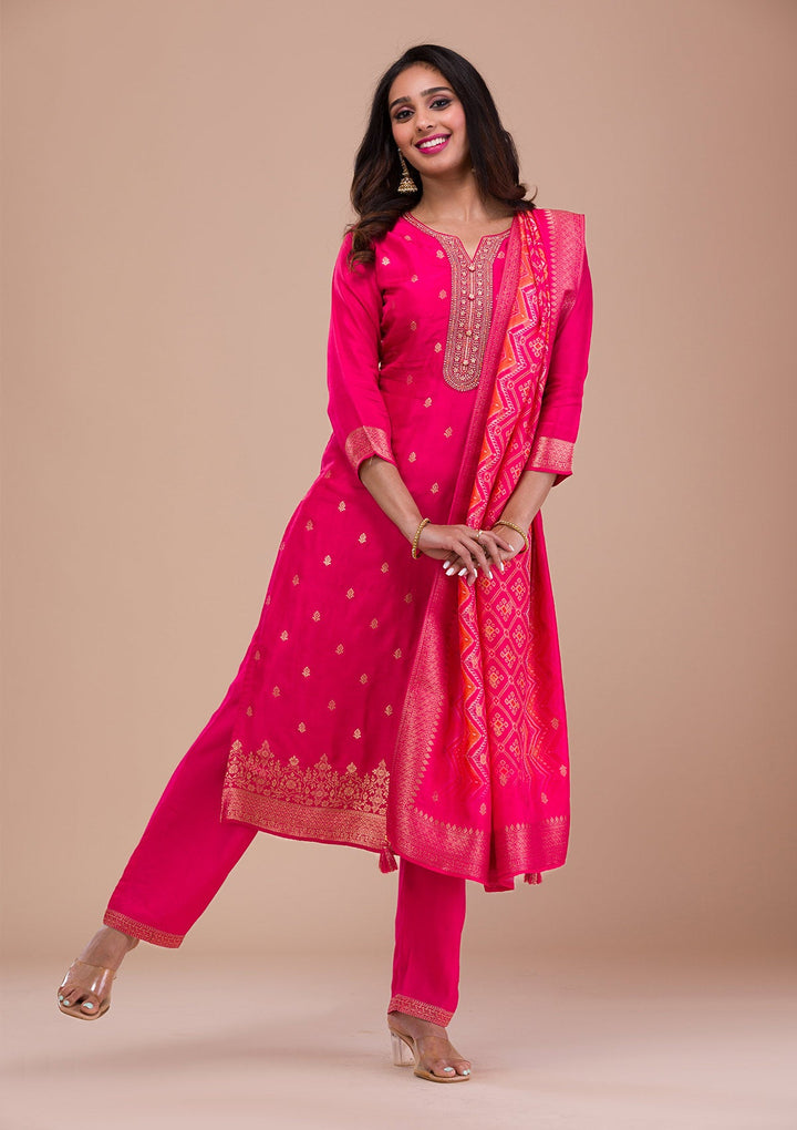 Rani Pink Zariwork Art Silk Readymade Sharara Kameez