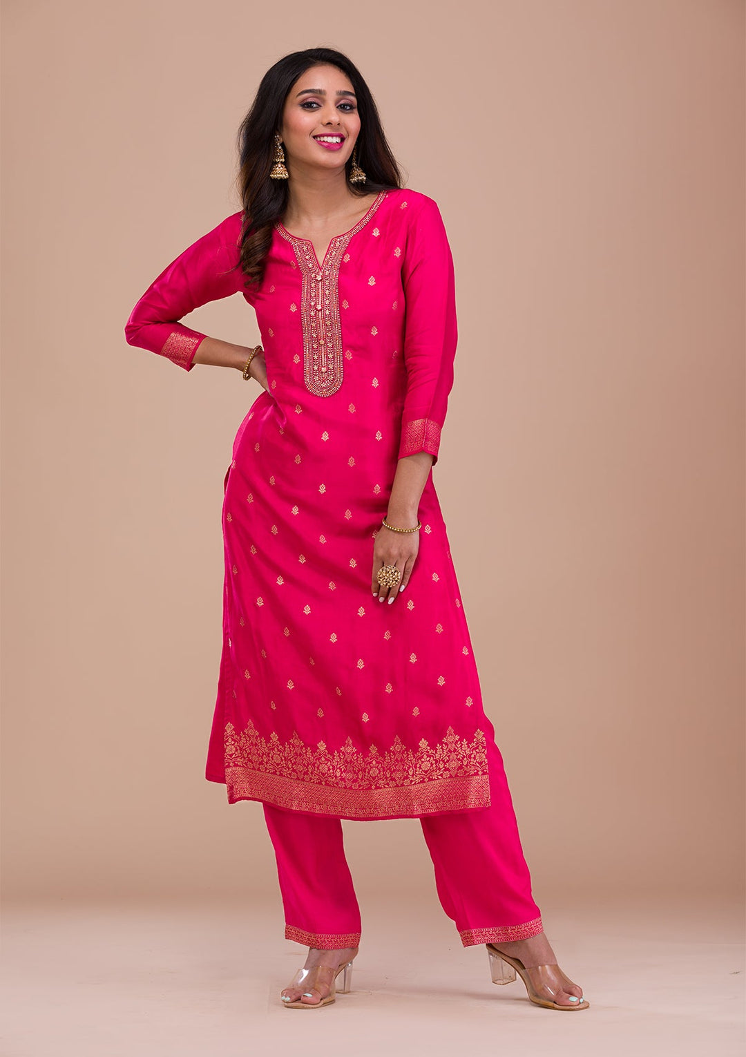 Rani Pink Zariwork Art Silk Readymade Sharara Kameez