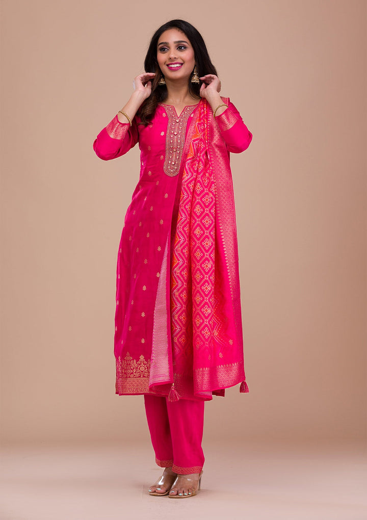 Rani Pink Zariwork Art Silk Readymade Sharara Kameez