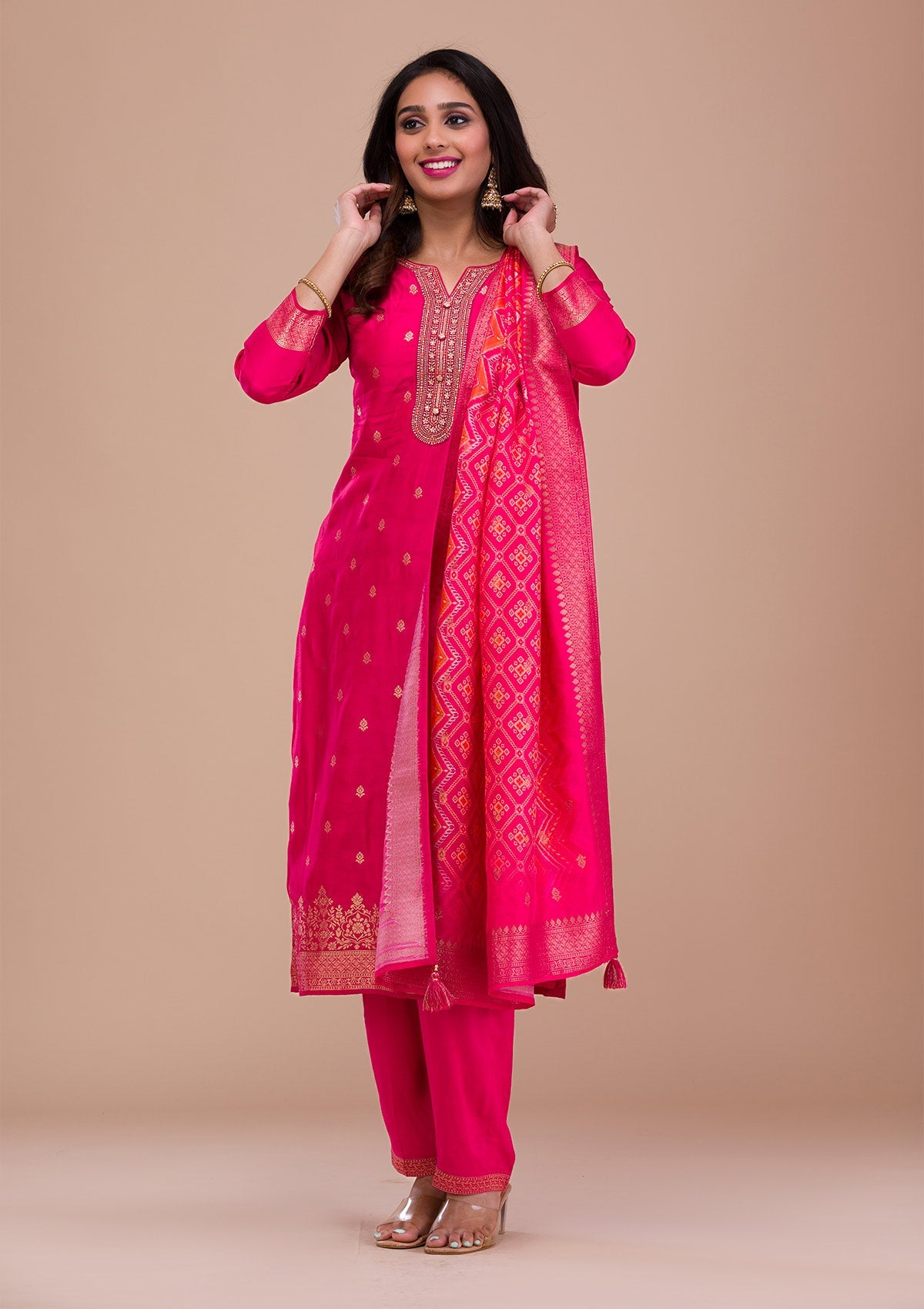 Rani Pink Zariwork Art Silk Readymade Sharara Suit