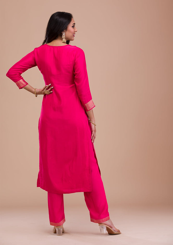 Rani Pink Zariwork Art Silk Readymade Sharara Kameez