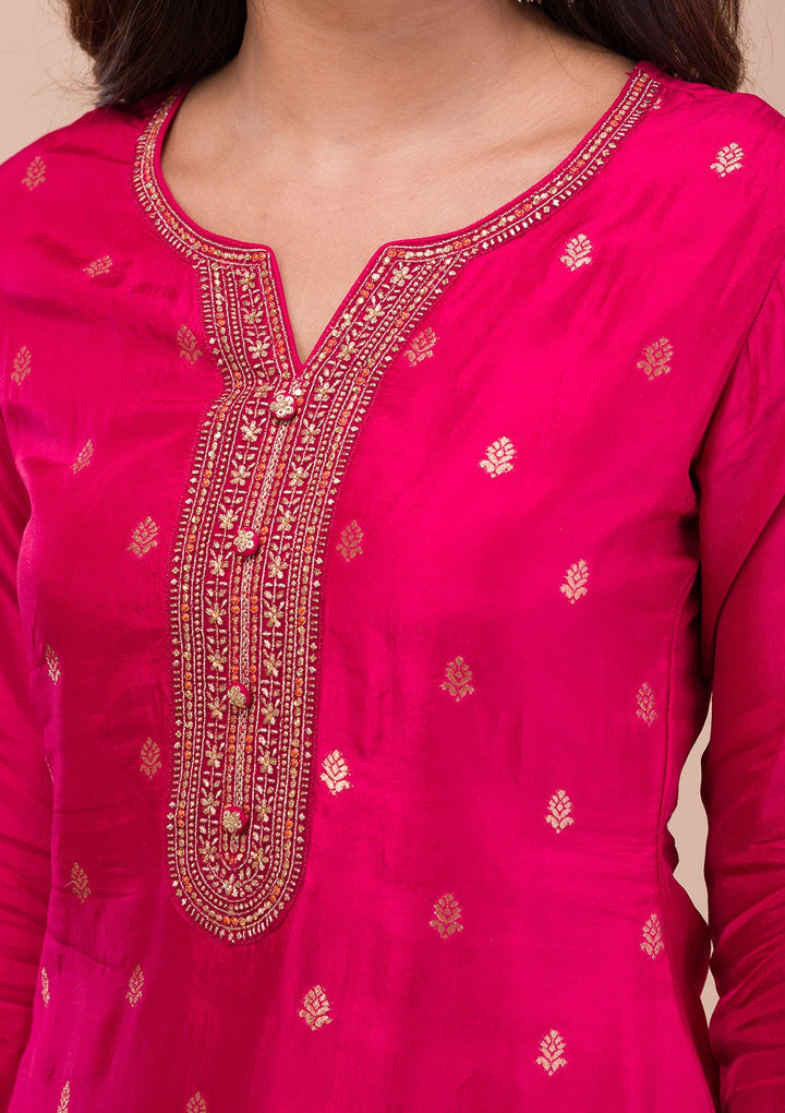Rani Pink Zariwork Art Silk Readymade Sharara Kameez