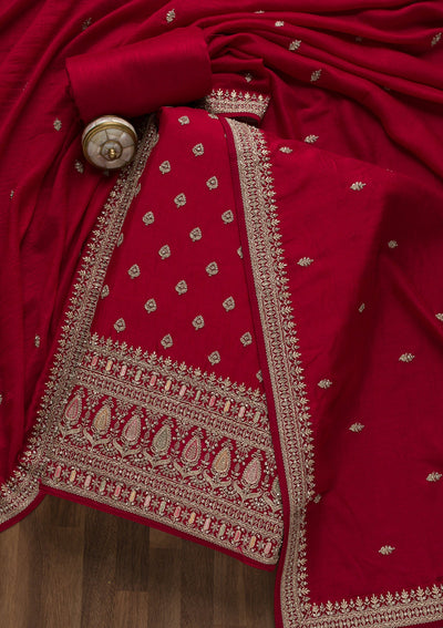 Rani Pink Zariwork Art Silk Unstitched Salwar Suit-Koskii
