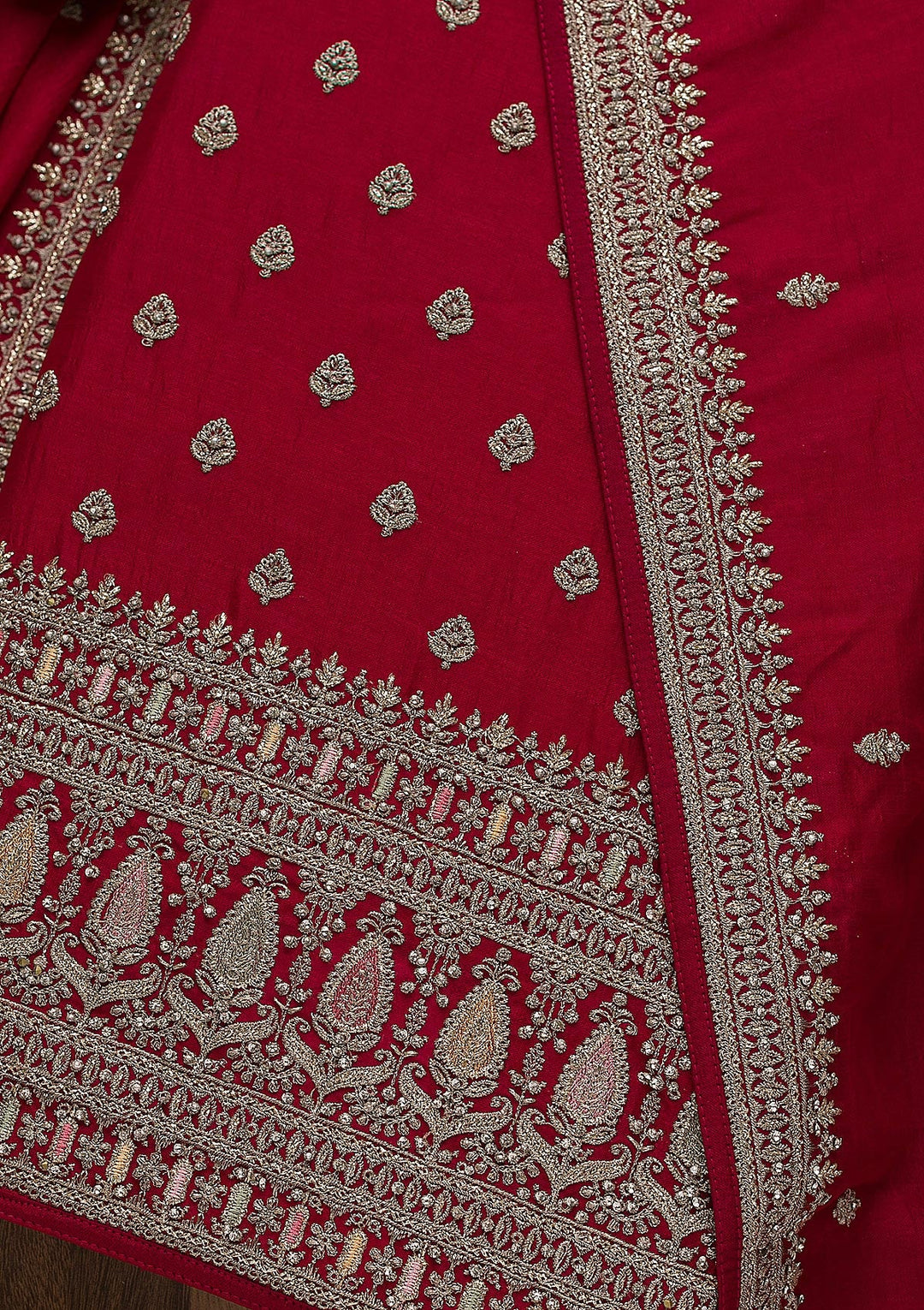 Rani Pink Zariwork Art Silk Unstitched Salwar Suit-Koskii