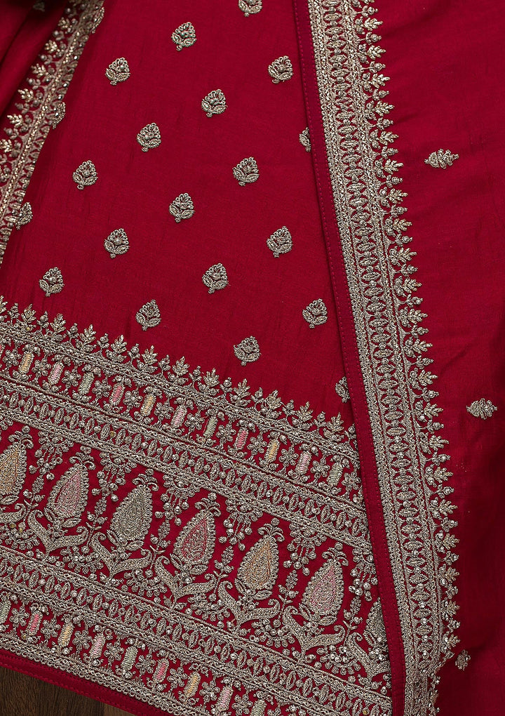 Rani Pink Zariwork Art Silk Unstitched Salwar Suit-Koskii