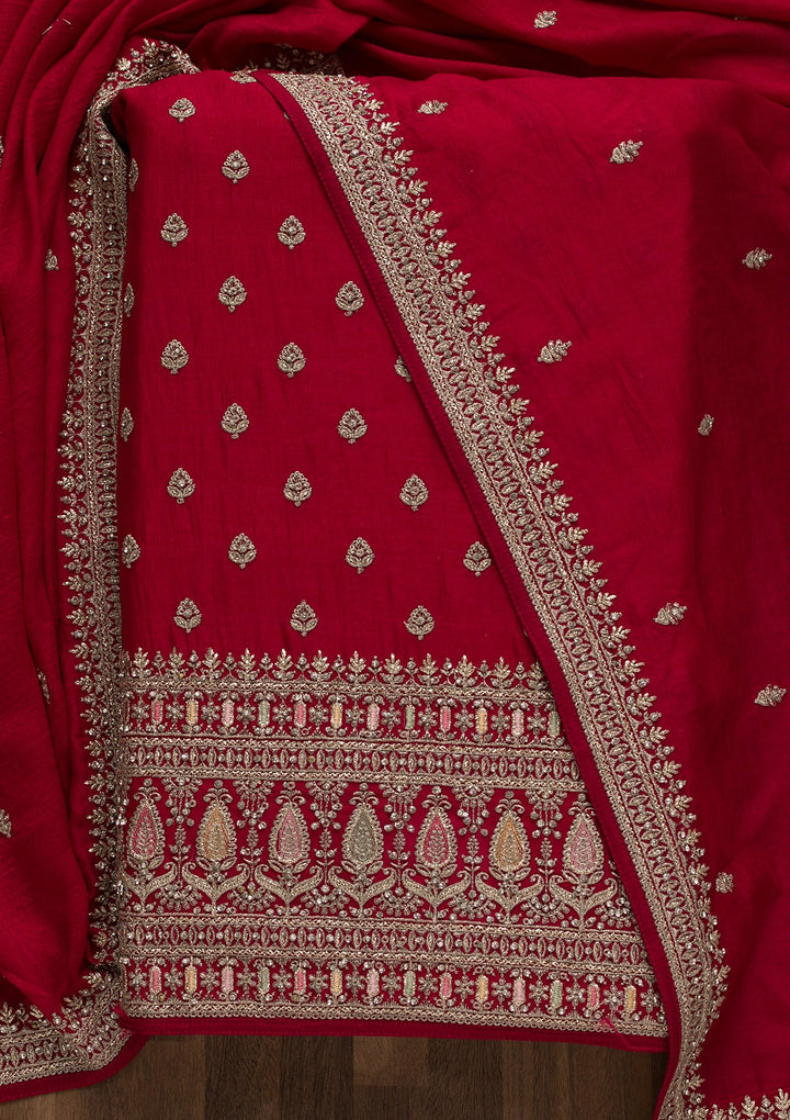 Rani Pink Zariwork Art Silk Unstitched Salwar Suit-Koskii