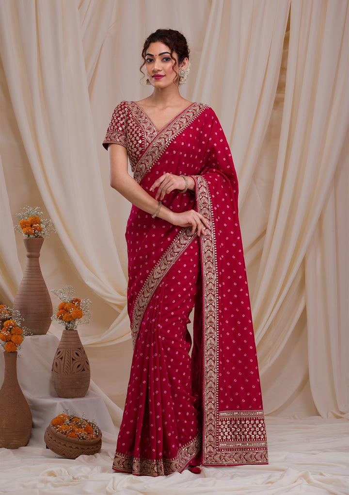 Maroon Zari & Sequins Work Raw Silk Saree