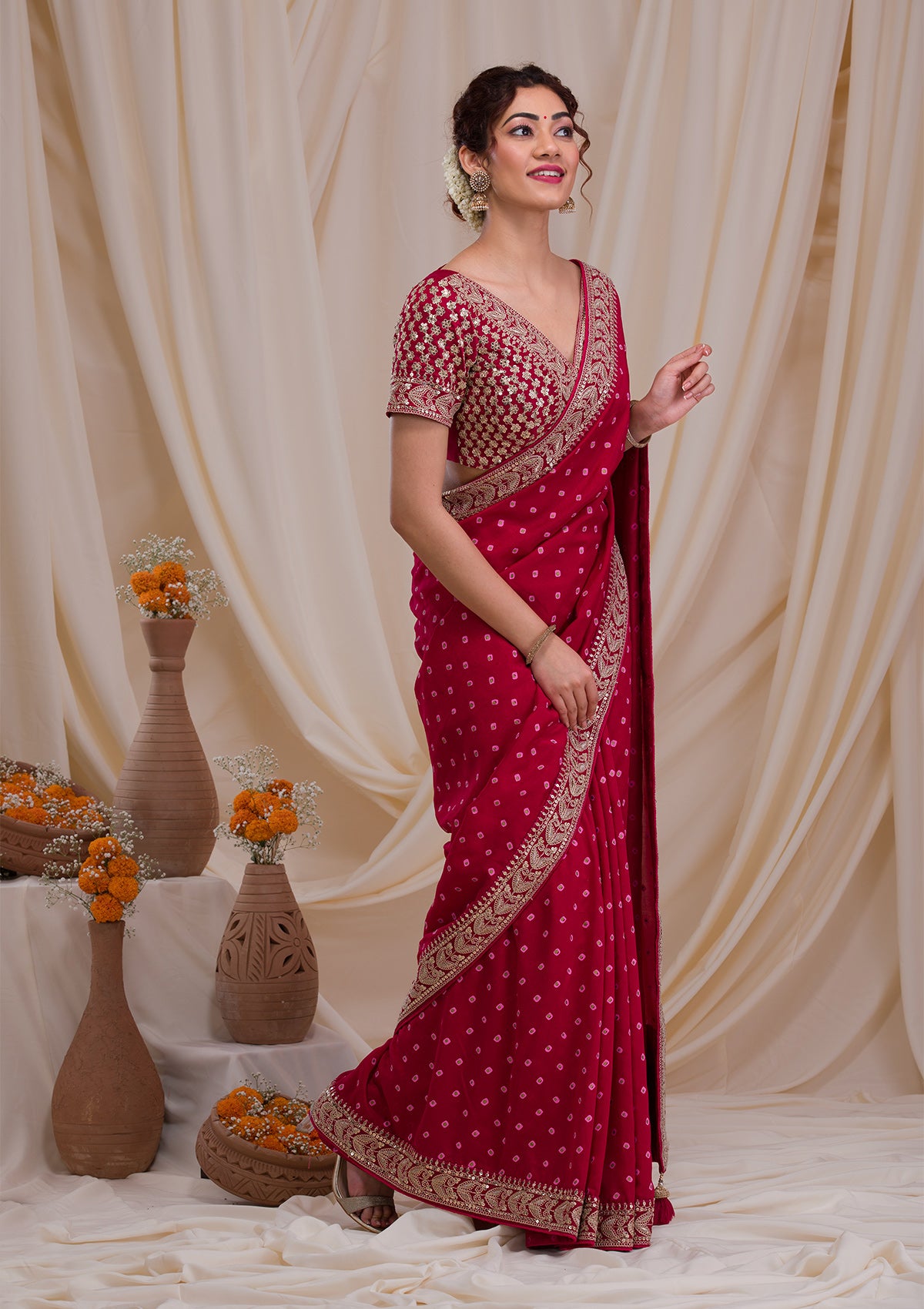 Rani Pink Zari & Sequins Work Raw Silk Saree