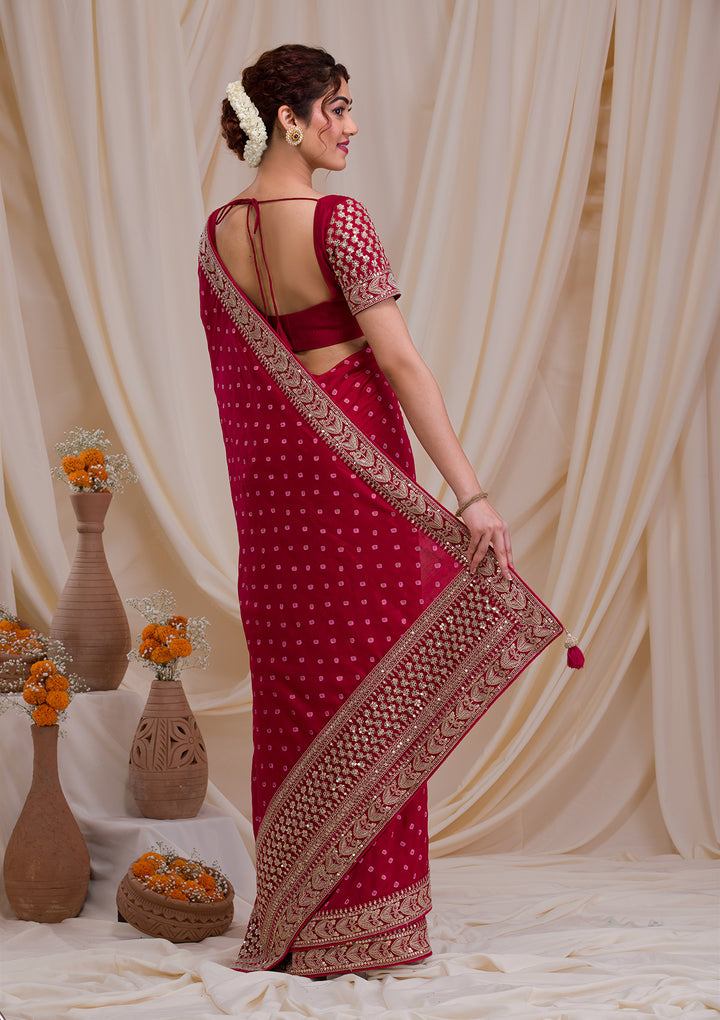 Maroon Zari & Sequins Work Raw Silk Saree