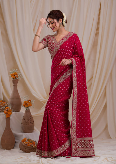 Maroon Zari & Sequins Work Raw Silk Saree