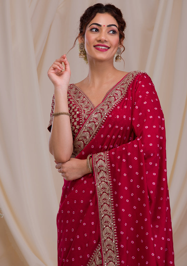 Maroon Zari & Sequins Work Raw Silk Saree