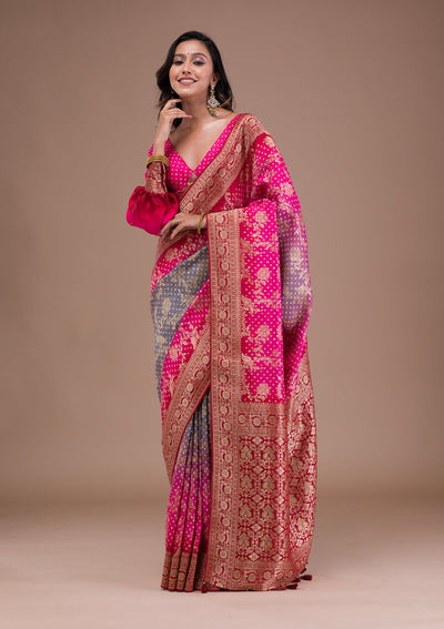 Rani Pink Zariwork Art Silk Saree-Koskii