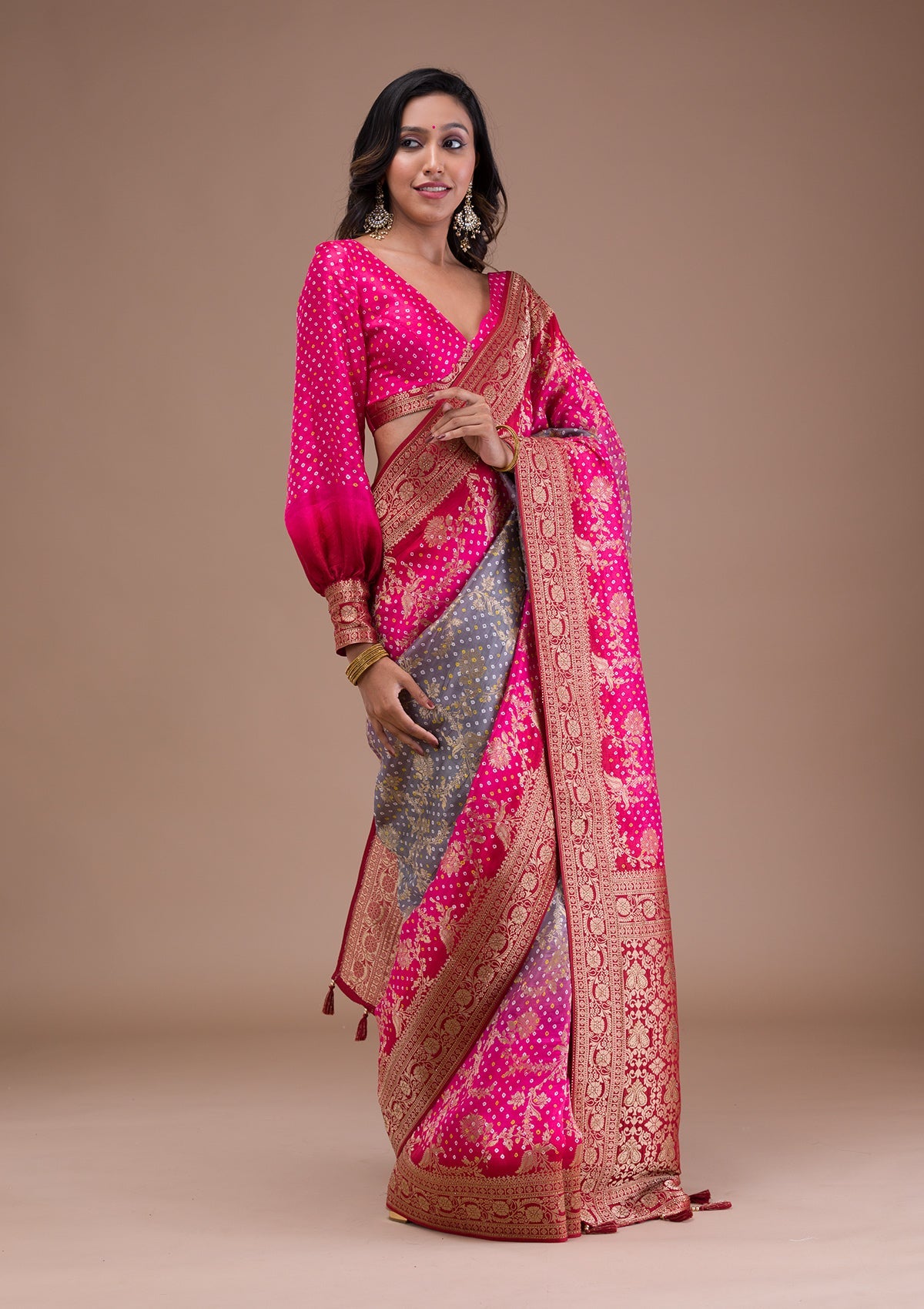 Rani Pink Zariwork Art Silk Saree-Koskii