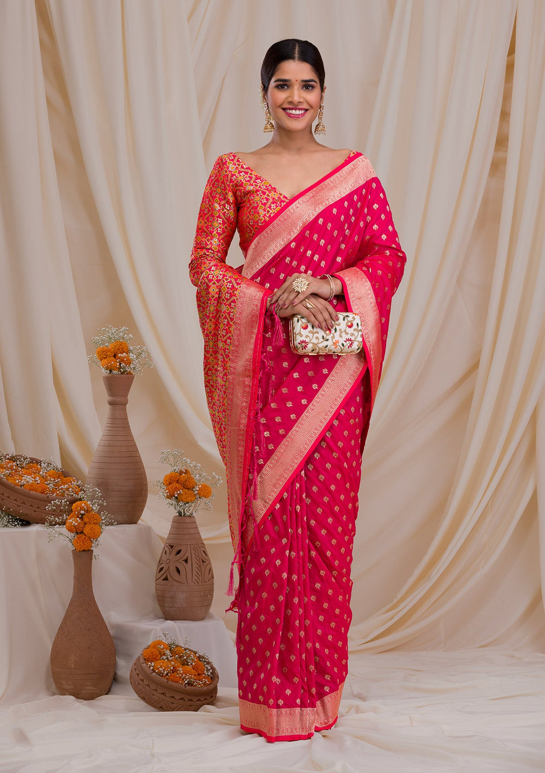 Rani Pink Zariwork Art Silk Saree-Koskii