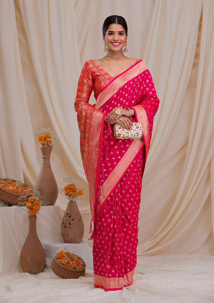 Rani Pink Zariwork Art Silk Saree-Koskii