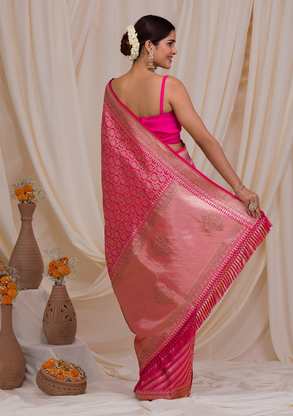 Rani Pink Zariwork Art Silk Saree-Koskii