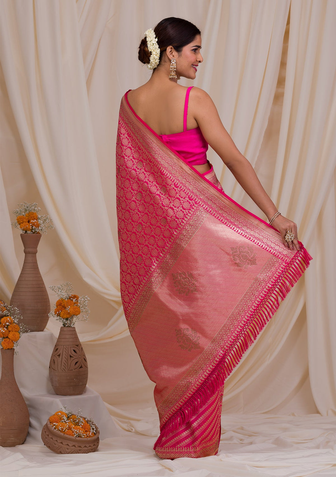 Rani Pink Zariwork Art Silk Saree-Koskii