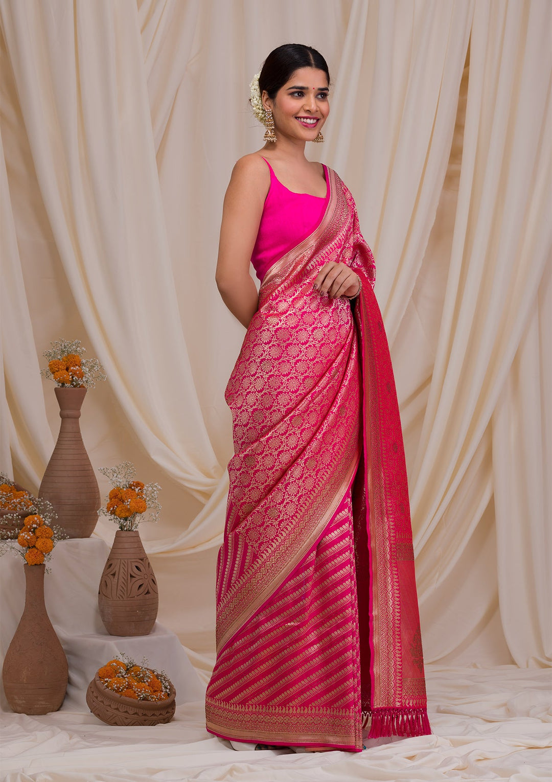 Rani Pink Zariwork Art Silk Saree-Koskii