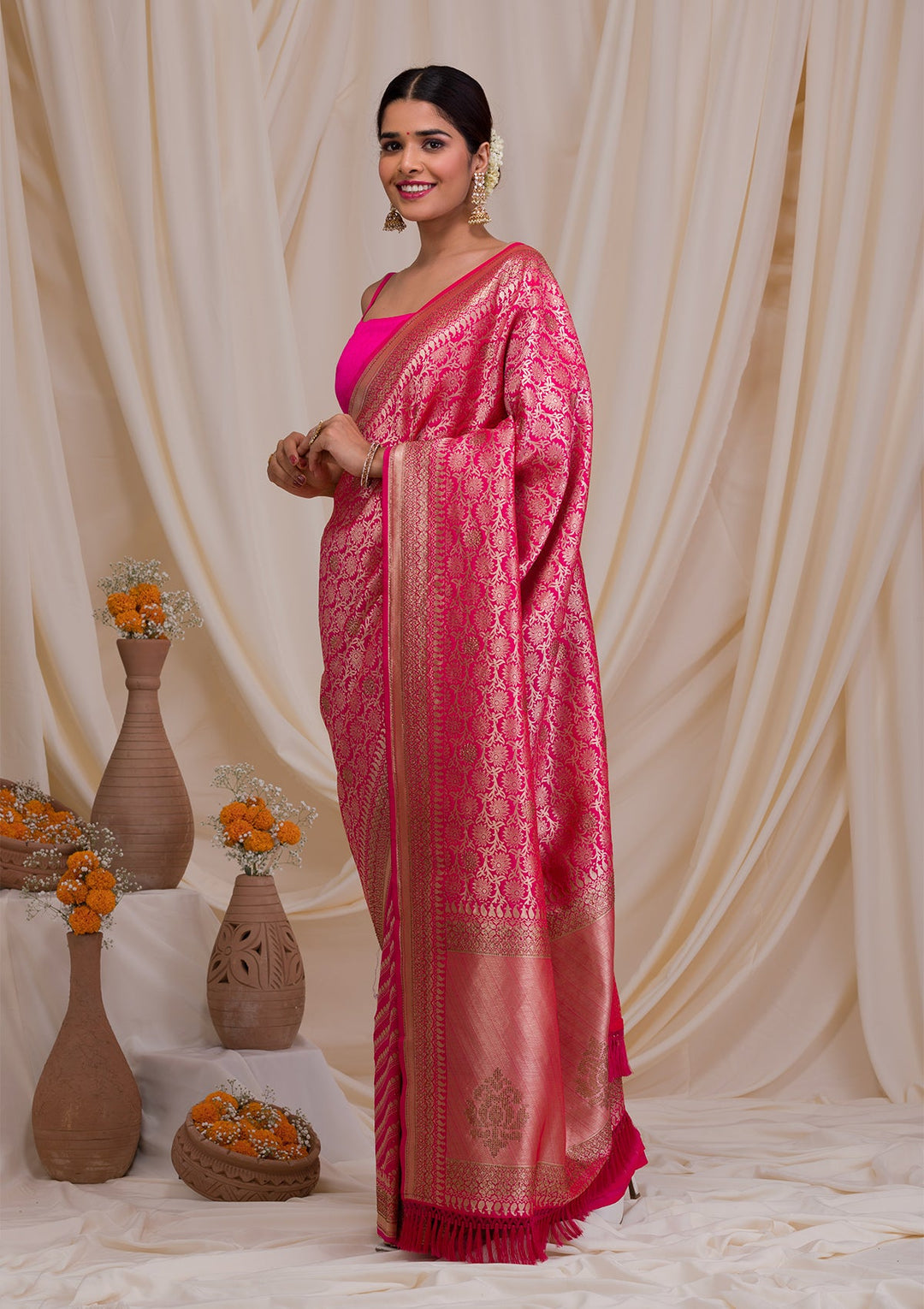 Rani Pink Zariwork Art Silk Saree-Koskii