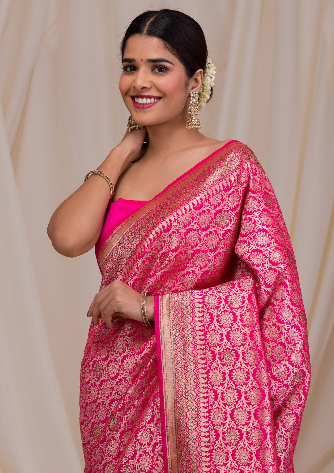 Rani Pink Zariwork Art Silk Saree-Koskii