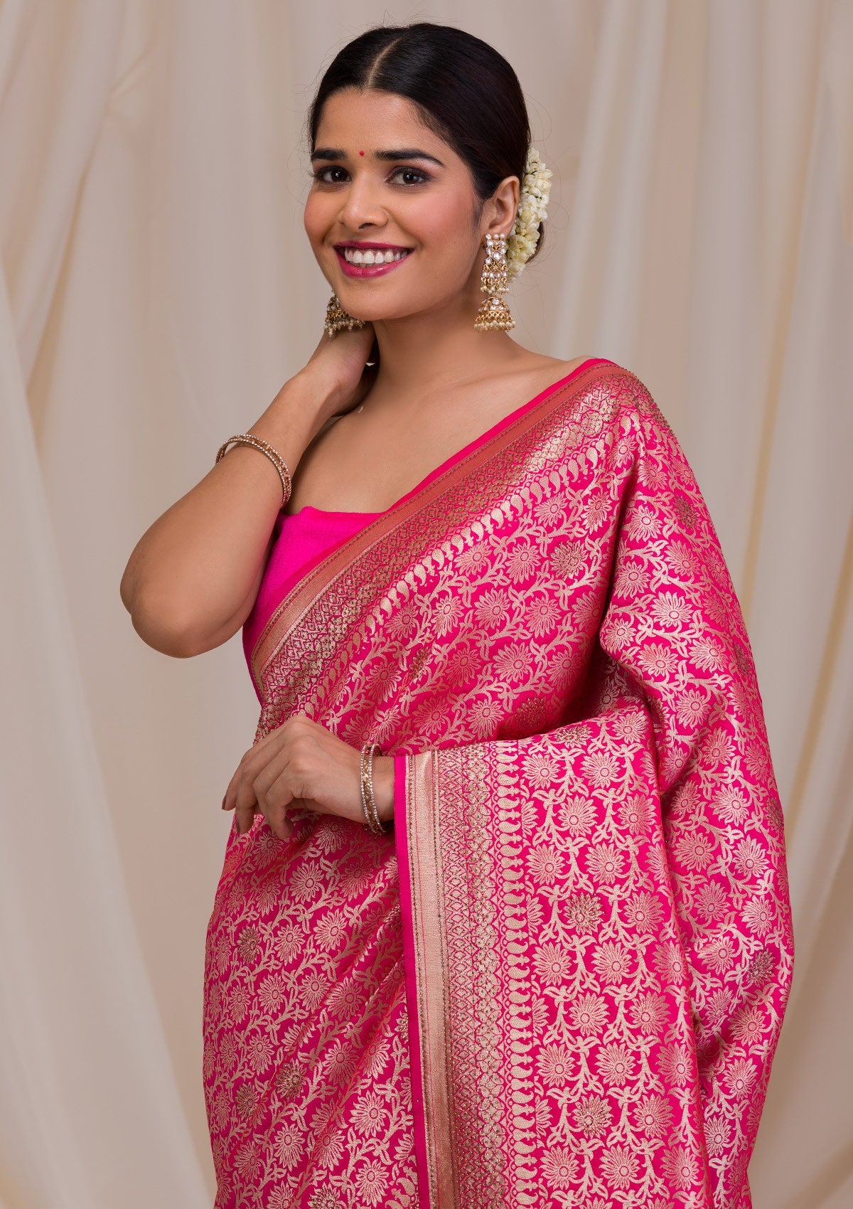 Rani Pink Zariwork Art Silk Saree-Koskii