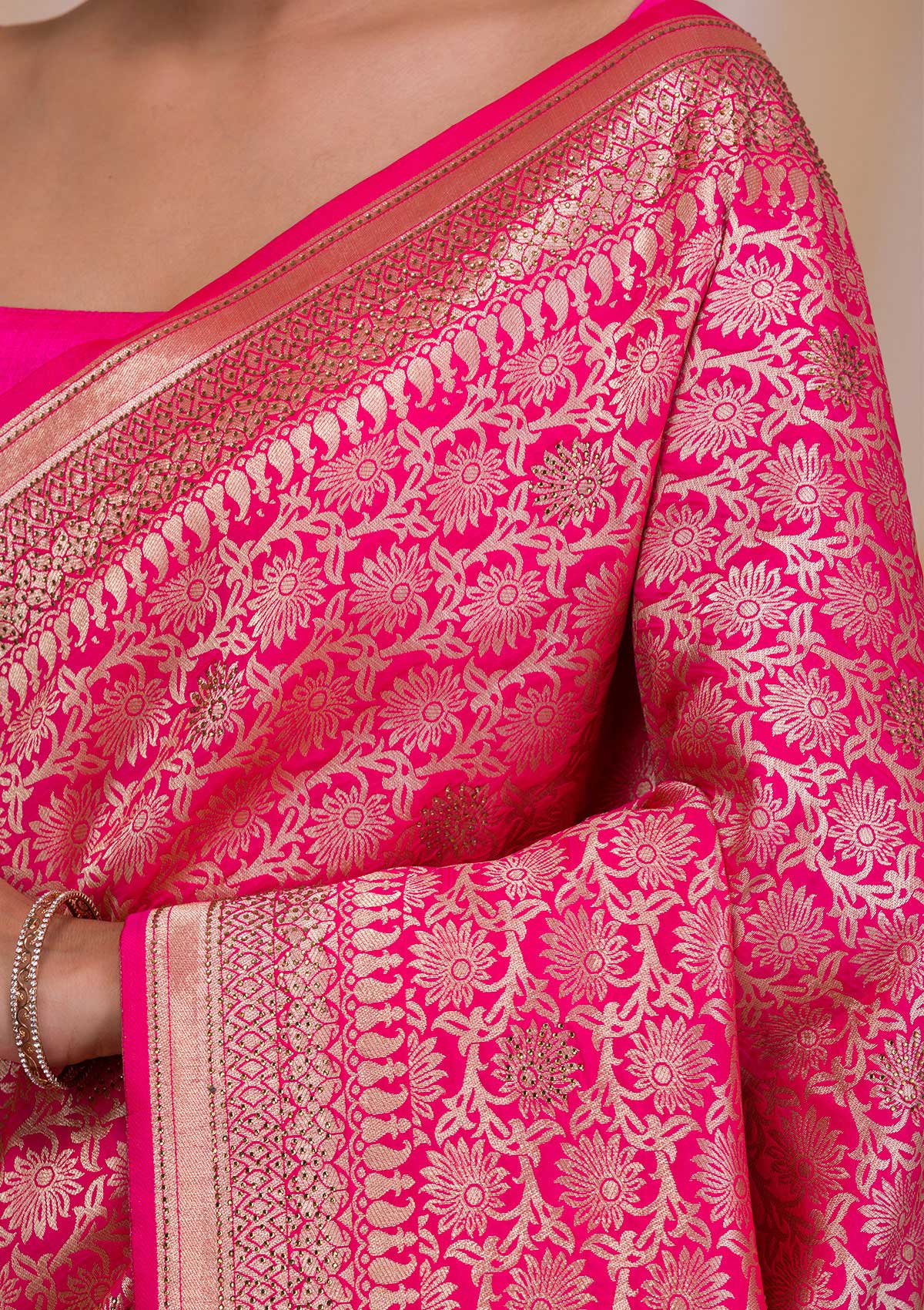 Rani Pink Zariwork Art Silk Saree-Koskii