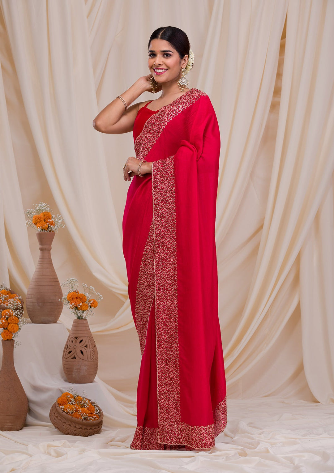 Rani Pink Zariwork Art Silk Saree-Koskii