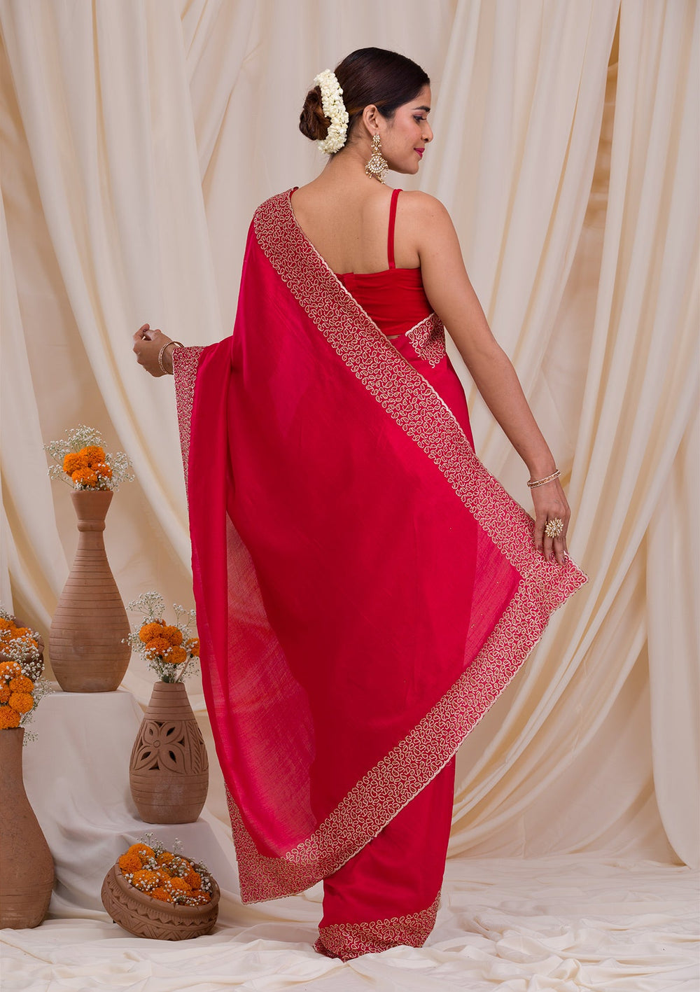 Rani Pink Zariwork Art Silk Saree-Koskii