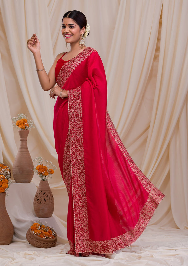 Rani Pink Zariwork Art Silk Saree-Koskii