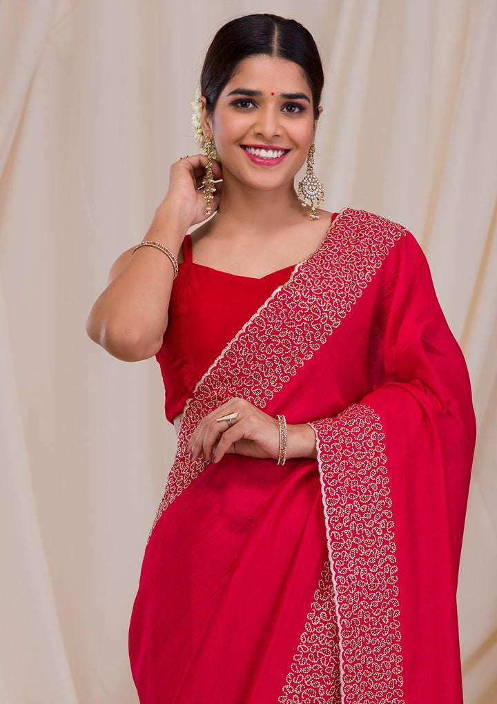 Rani Pink Zariwork Art Silk Saree-Koskii