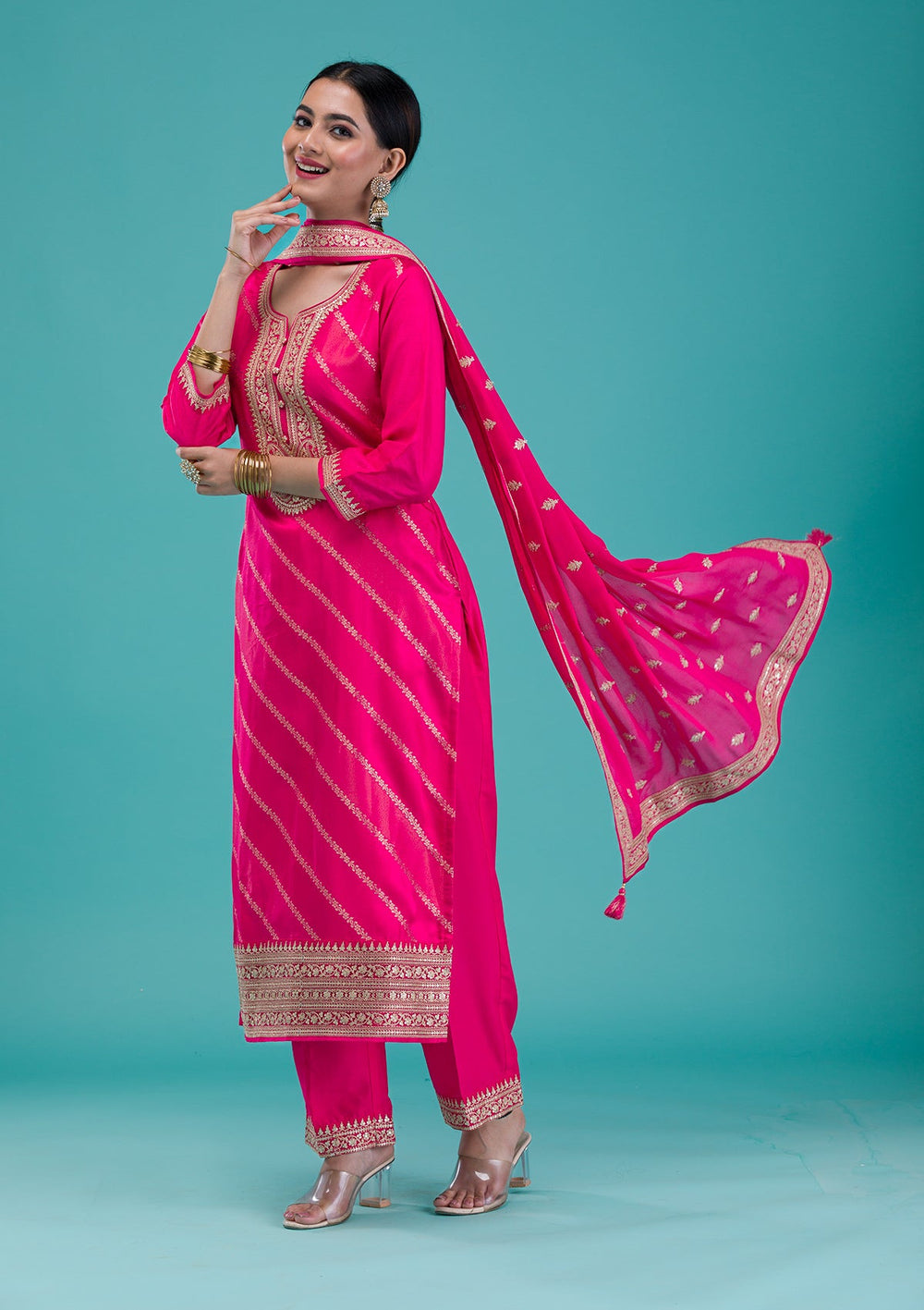 Rani Pink Zariwork Banarasi Readymade Salwar Suit-Koskii