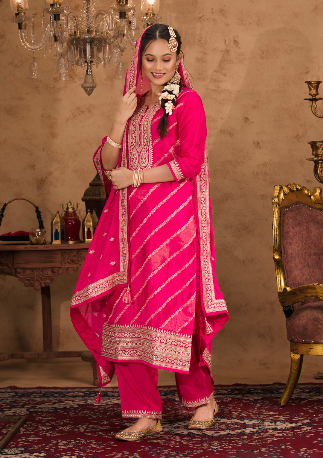 Rani Pink Zariwork Banarasi Readymade Salwar Kameez