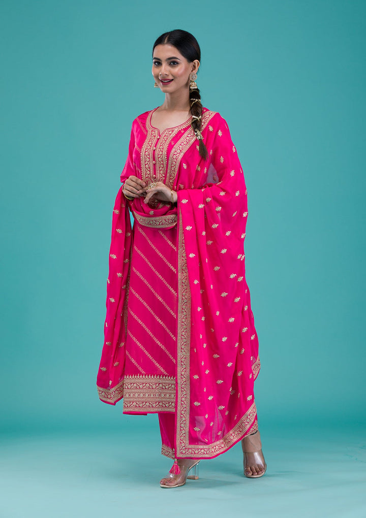 Rani Pink Zariwork Banarasi Readymade Salwar Suit-Koskii