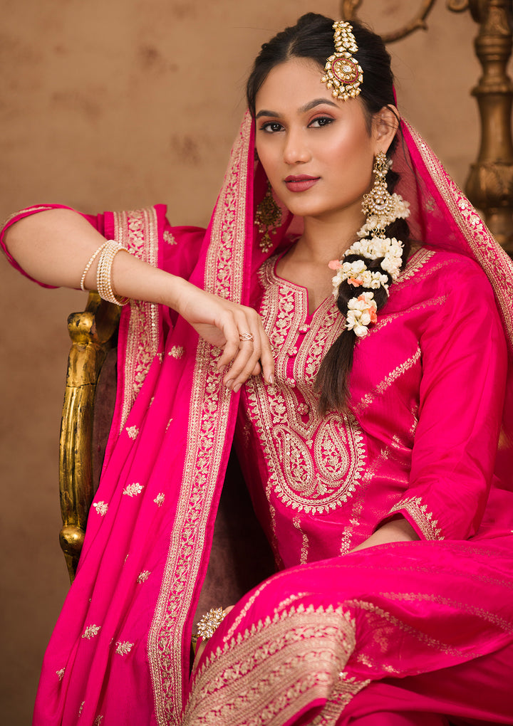 Rani Pink Zariwork Banarasi Readymade Salwar Kameez