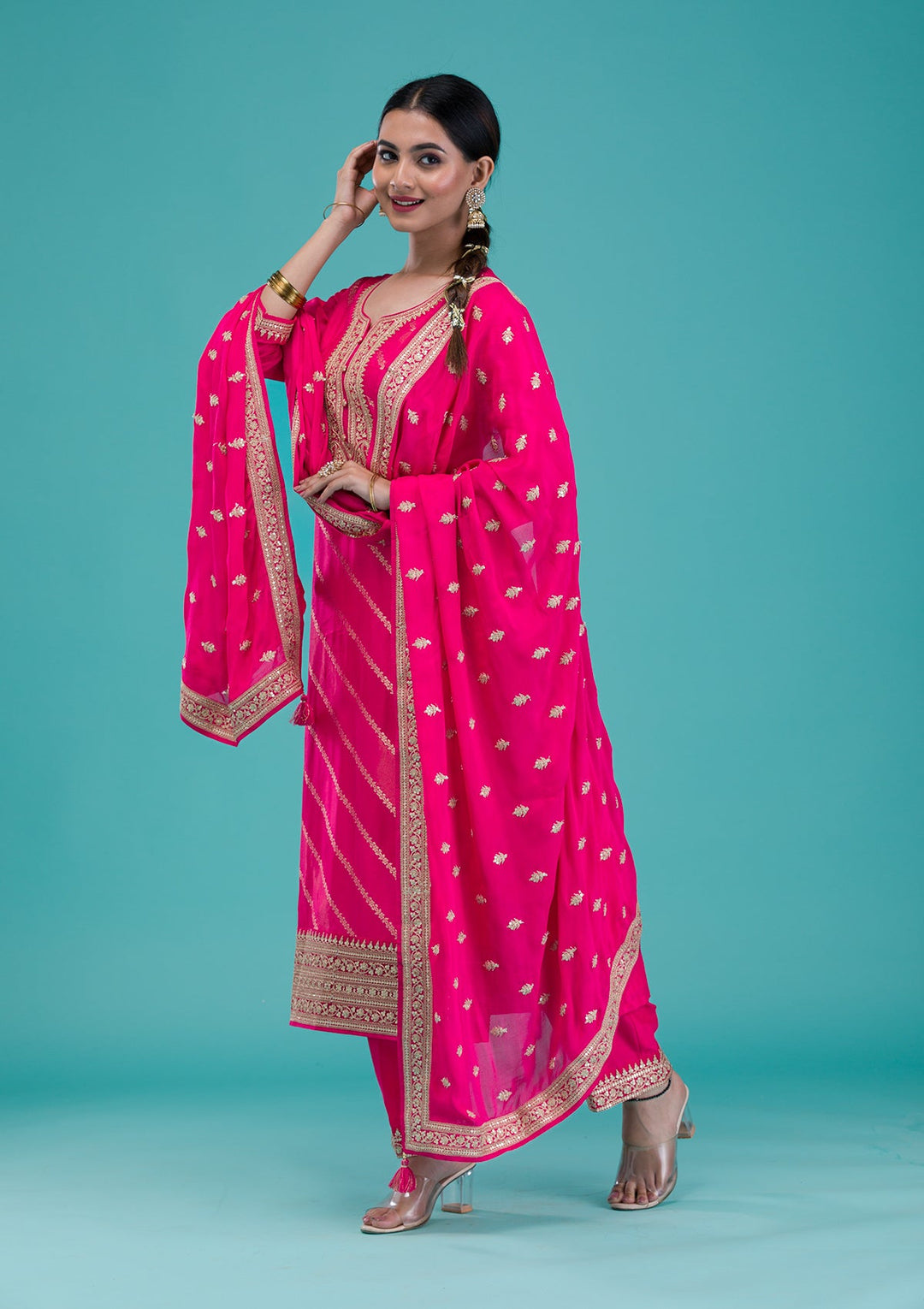 Rani Pink Zariwork Banarasi Readymade Salwar Suit-Koskii