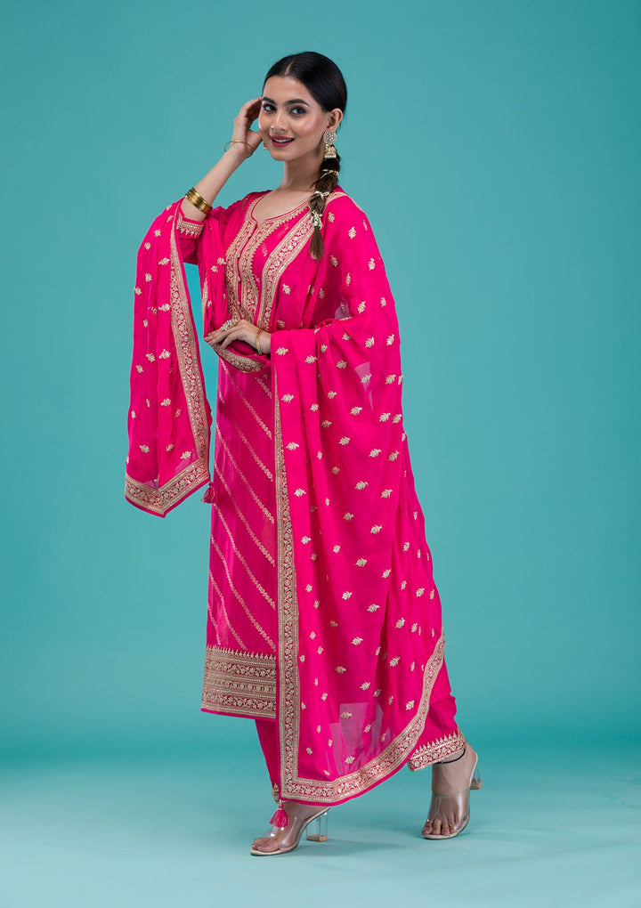 Rani Pink Zariwork Banarasi Readymade Salwar Suit-Koskii