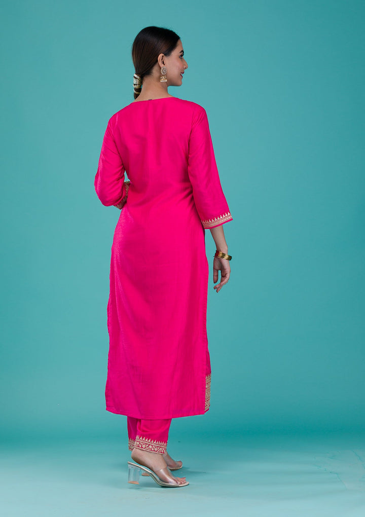 Rani Pink Zariwork Banarasi Readymade Salwar Suit-Koskii