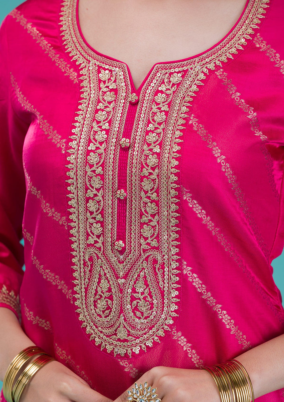 Rani Pink Zariwork Banarasi Readymade Salwar Suit-Koskii