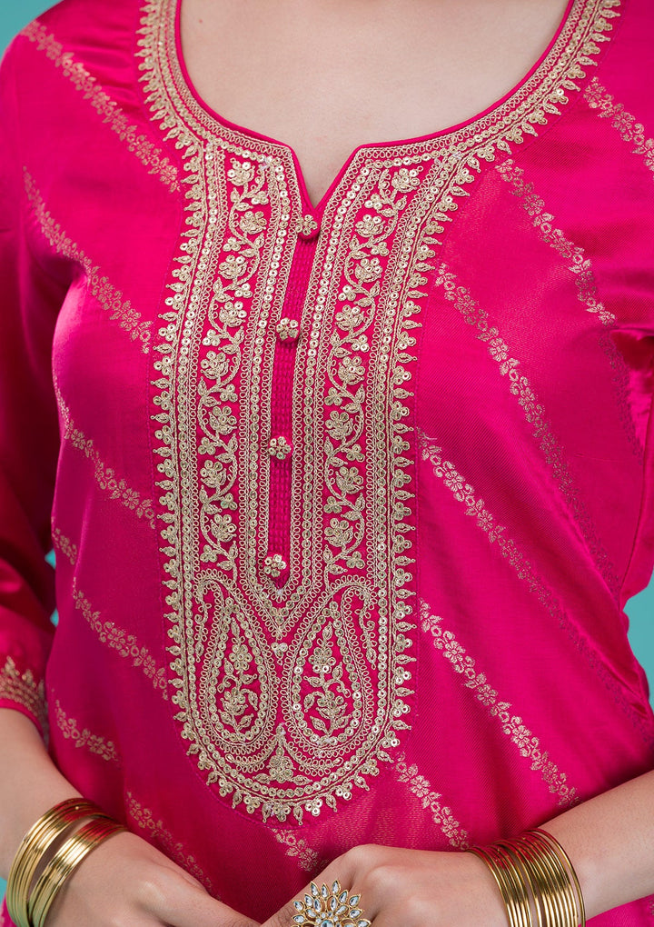 Rani Pink Zariwork Banarasi Readymade Salwar Suit-Koskii