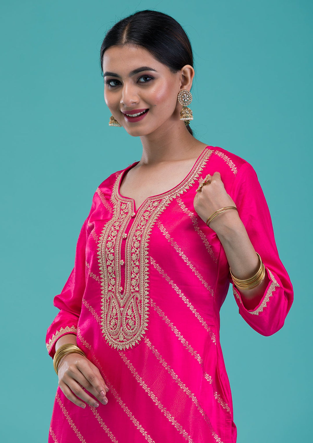 Rani Pink Zariwork Banarasi Readymade Salwar Suit-Koskii