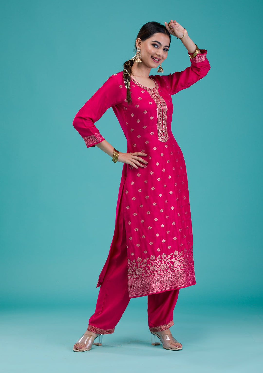 Rani Pink Zariwork Banarasi Readymade Salwar Suit-Koskii