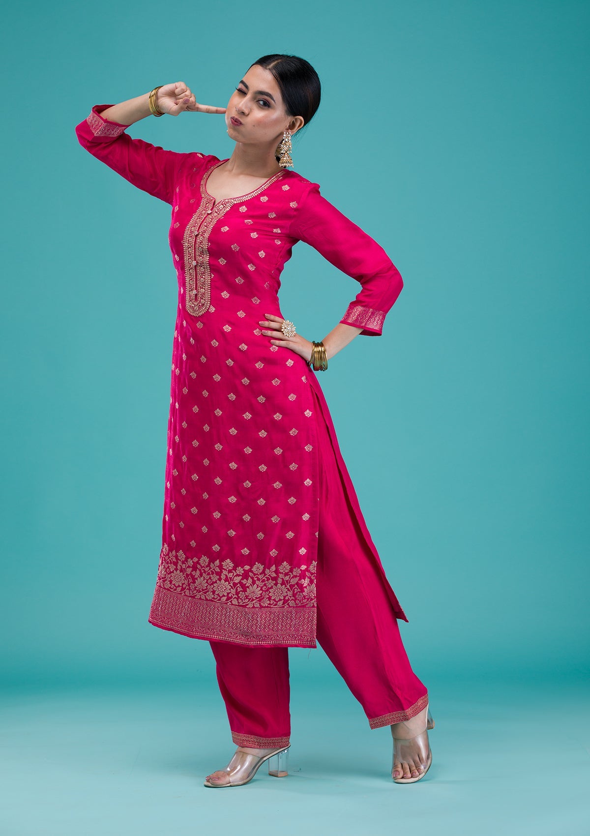 Rani Pink Zariwork Banarasi Readymade Salwar Suit-Koskii