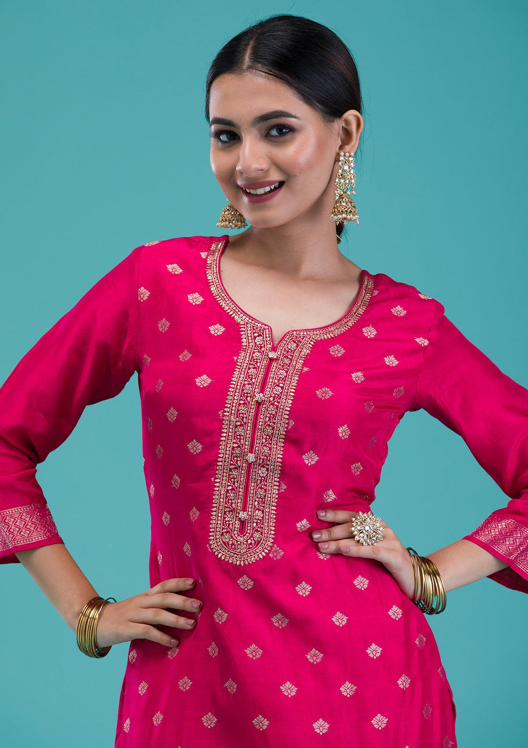 Rani Pink Zariwork Banarasi Readymade Salwar Suit-Koskii