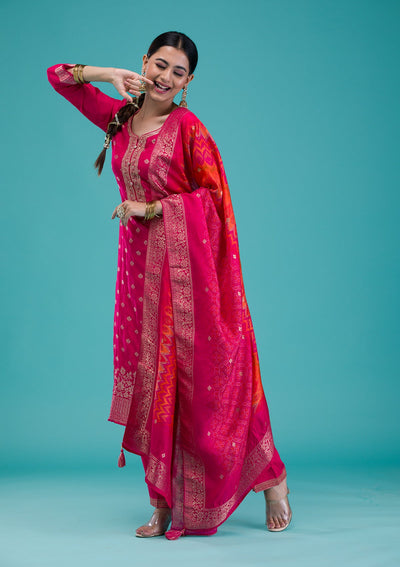 Rani Pink Zariwork Banarasi Readymade Salwar Suit-Koskii