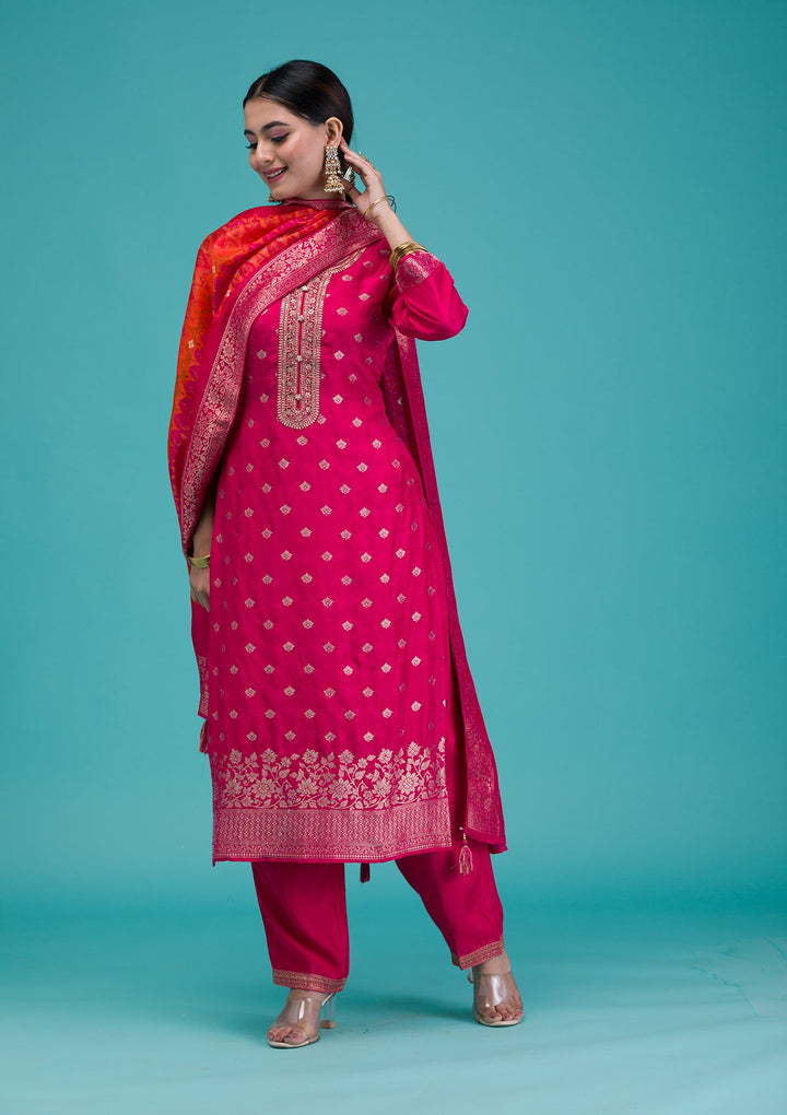 Rani Pink Zariwork Banarasi Readymade Salwar Suit-Koskii