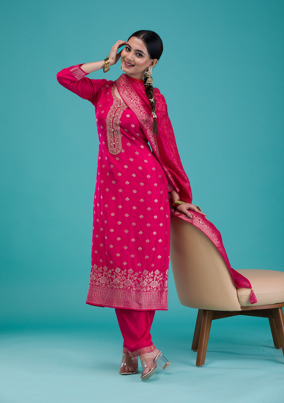 Rani Pink Zariwork Banarasi Readymade Salwar Suit-Koskii
