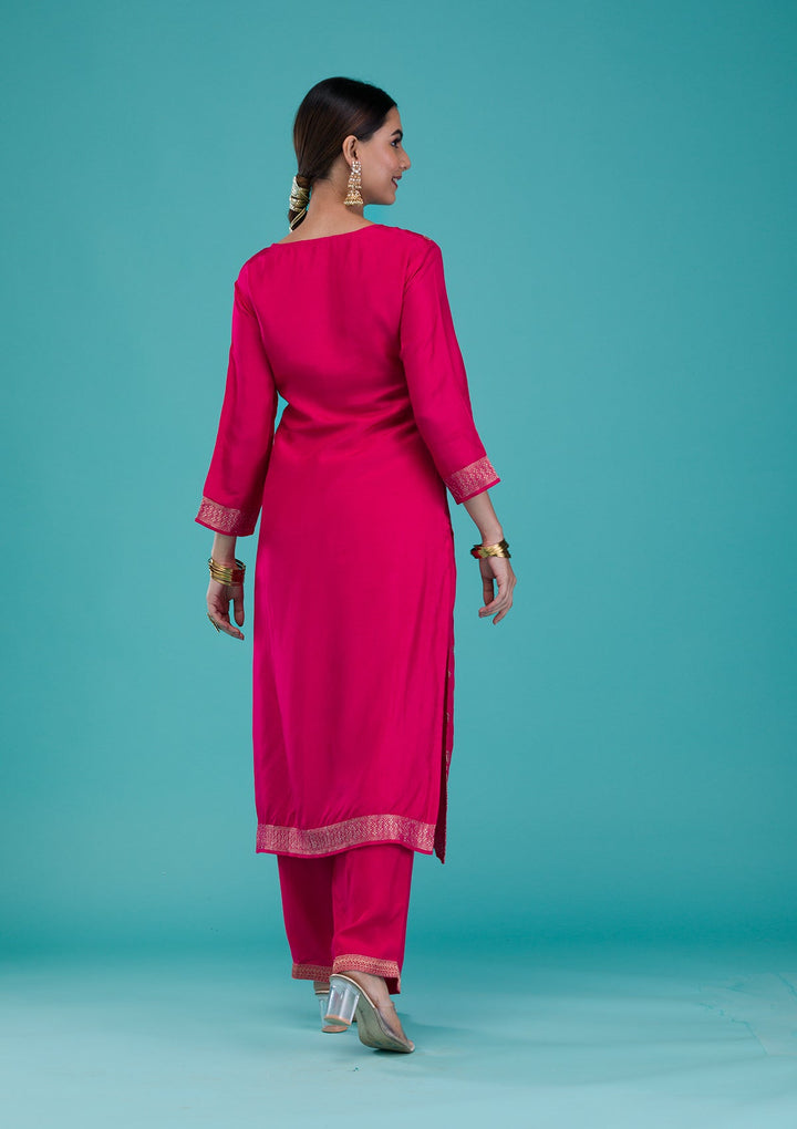 Rani Pink Zariwork Banarasi Readymade Salwar Suit-Koskii