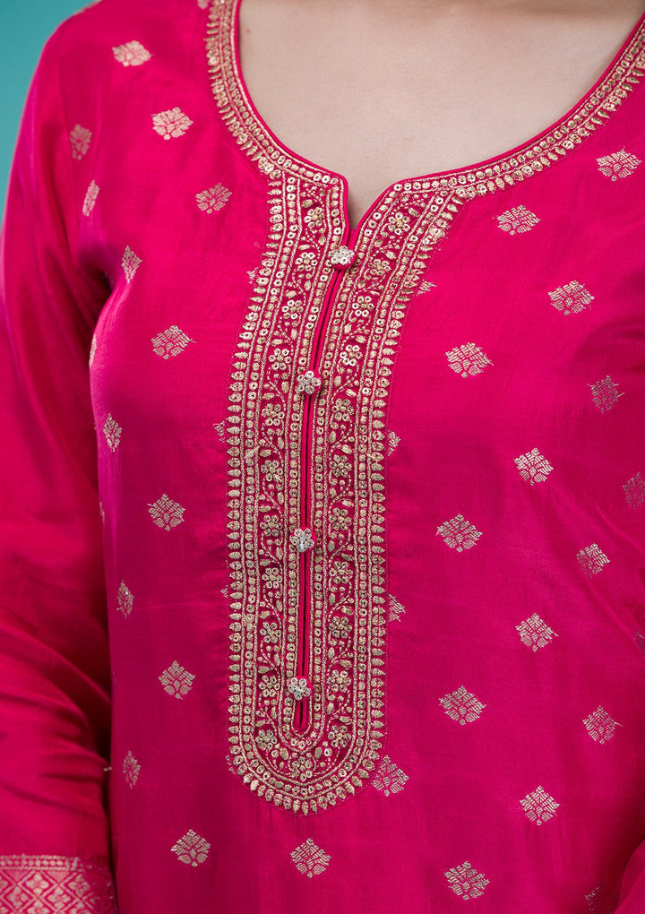 Rani Pink Zariwork Banarasi Readymade Salwar Suit-Koskii