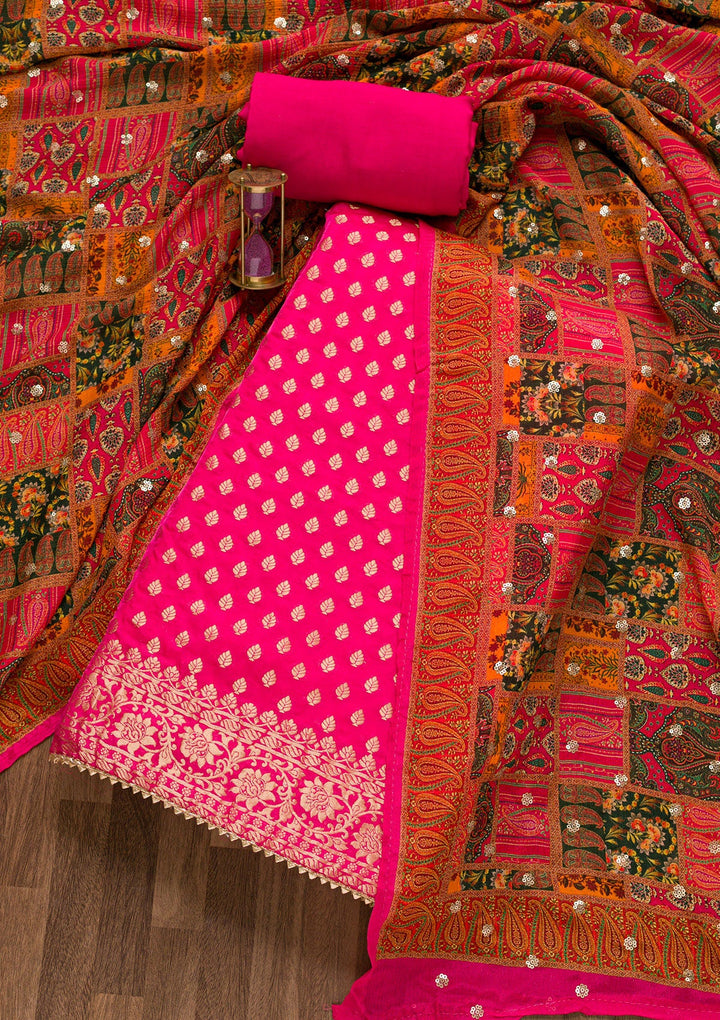 Rani Pink Zariwork Banarasi Unstitched Salwar Suit-Koskii