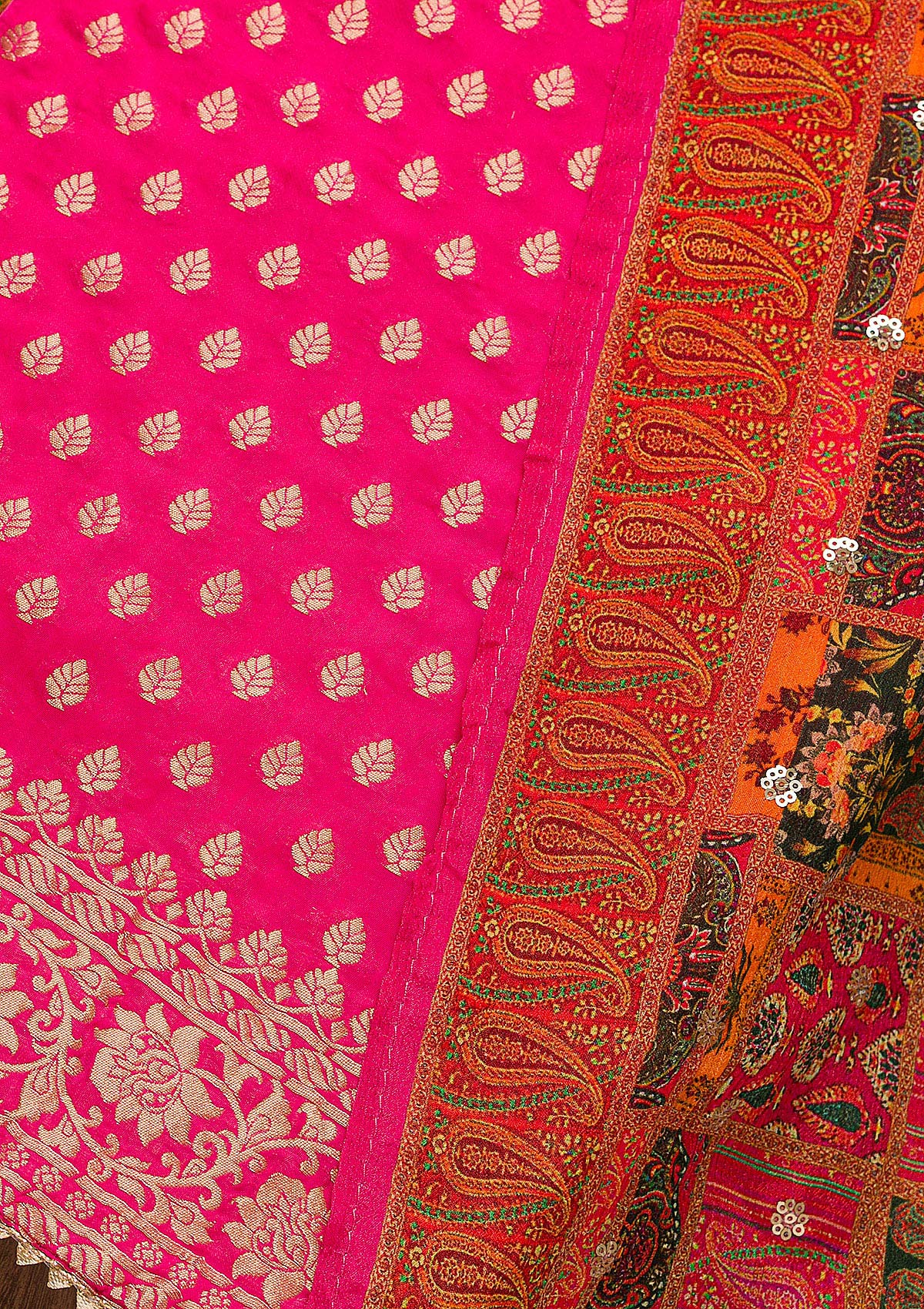Rani Pink Zariwork Banarasi Unstitched Salwar Suit-Koskii